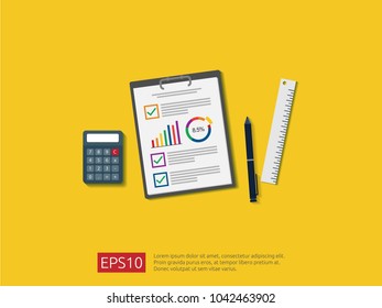 business item in flat style workplace design concept. top view of office things and other objects for planning and accounting, analysis,project management, marketing, research vector illustration