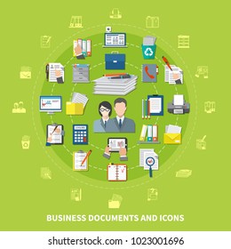 Business items and icon set with isolated icons combined in round composition vector illustration