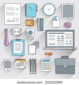 Business items and mobile devices flat line icons set isolated vector illustration