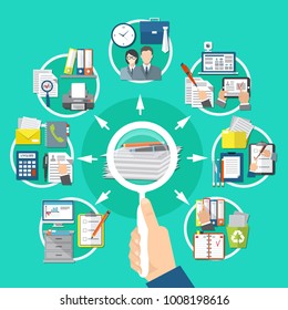 Business items round composition with search of information on documents and papers vector illustration