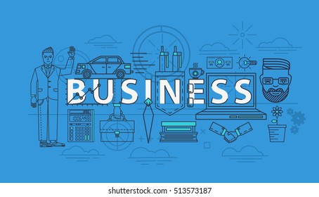 Business items as thin line icons for finance team. Calculator and car, businessman in suit and briefcase in hand, handshake and coffee. Work banner and office manager icon, job theme