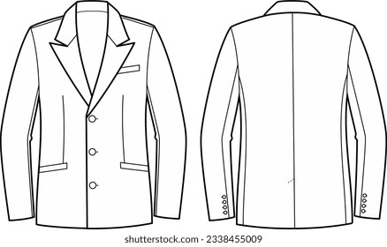 Business jacket flat sketch. Office blazer apparel design. Front and back. Men CAD mockup. Fashion technical drawing template. Vector illustration.