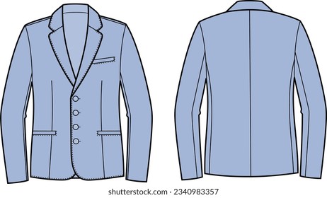 Business jacket flat sketch. Office blazer apparel design. Front and back. Men CAD mockup. Technical drawing. Vector illustration.
