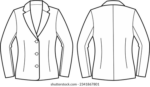 Business jacket flat sketch. Office blazer apparel design. Front and back. Women CAD mockup. Fashion technical drawing template. Vector illustration.