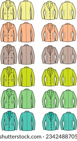 Business jacket flat sketch. Office blazer apparel design. Front and back. Men and women CAD mockup. Technical drawing template. Vector illustration.