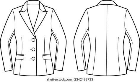 La chaqueta de negocios de las mujeres. Delante y atrás. CAD de moda. Ilustración vectorial.
