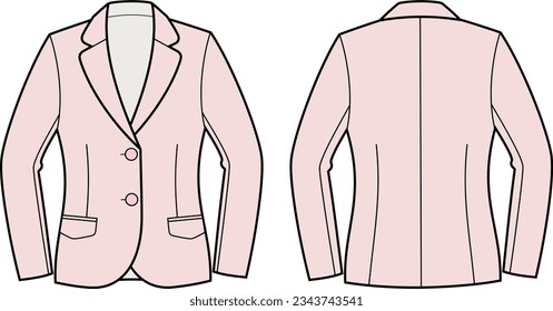 Business jacket flat sketch. Office blazer apparel design. Front and back. Women CAD mockup. Fashion technical drawing template. Vector illustration.