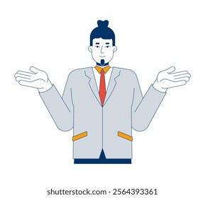 Business jacket suit caucasian man shrugging hands 2D cartoon character. Bearded businessman indifferent male corporate isolated person flat vector on white background. Spot illustration colorful