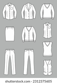 Business jacket trousers pants shirt waistcoat knitted vest cardigan. Women CAD mockup. Fashion technical drawing template. Vector illustration.