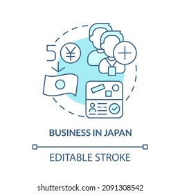 Business In Japan Turquoise Concept Icon. Stable Economy Abstract Idea Thin Line Illustration. Skilled Workforce. Isolated Outline Drawing. Editable Stroke. Roboto-Medium, Myriad Pro-Bold Fonts Used