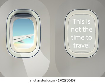 Business jet infographic airplane porthole text This is not time to travel banner. Airplane illuminator concept. Space aircraft windows frame