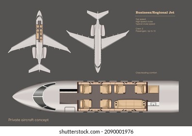 Business jet interior  Private aircraft map  Top view regional plane  Plane seats scheme  3d drawing commercial transport  Realistic industrial blueprint  Vector illustration