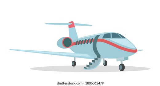 Business jet with open door and ladder, ready for boarding, isolated on white background. Vector illustration, flat design, cartoon style.