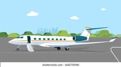 Business jet with an open passenger door and a ramp on the take-off field. Vector flat style illustration.