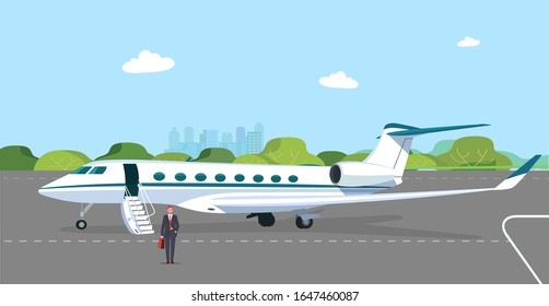 Business jet with an open passenger door and a ramp on the take-off field. Businessman got off the plane. Vector flat style illustration.