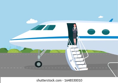 Business jet with an open passenger door and a ramp on the take-off field. Stewardess meets a passenger on the gangway. Vector flat style illustration.