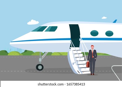 Business jet with an open passenger door and a ramp on the take-off field. Businessman got off the plane. Vector flat style illustration.