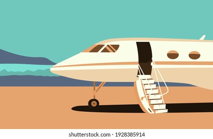 Business Jet With An Open Passenger Door With Stairs On The Runway. Vector Flat Style Illustration.