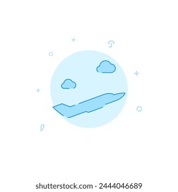 Business jet, private plane vector icon. Flat illustration. Filled line style. Blue monochrome design. Editable stroke. Adjust line weight.