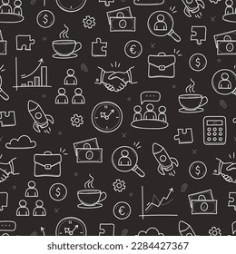 Business job icon doodle seamless pattern background. Business teamwork, office, career concept doodle line sketch style pattern with money, rocket, calculator element. Vector illustration