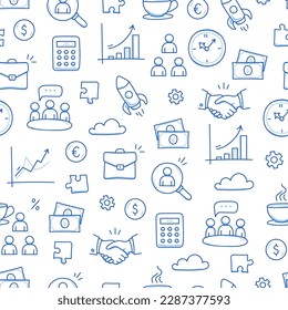 Business job icon doodle seamless pattern background. Business teamwork, office, career concept doodle line sketch style pattern with money, rocket, calculator element. Vector illustration