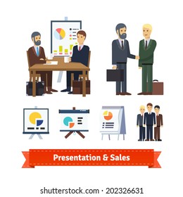 Business job interview, brainstorming, sale closing, handshake and various charts. Flat icon set. EPS 10 vector. 