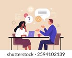 Business Job Interview concept. Vector cartoon illustration of a young woman asking questions and a man in suit answering them while sitting at a table. Isolated on background 