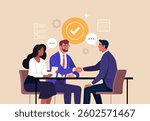 Business Job Interview concept. Vector cartoon illustration of two men in suits shaking hands and a woman with documents at a desk. Isolated on background.