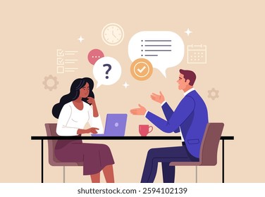 Business Job Interview concept. Vector cartoon illustration of a young woman asking questions and a man in suit answering them while sitting at a table. Isolated on background 