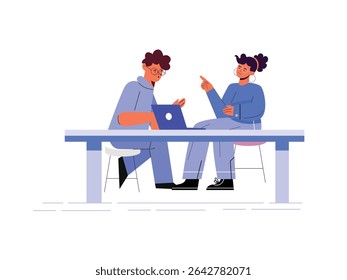 Business Job Interview concept. Vector cartoon illustration of a young woman asking questions and a man in a suit answering them while sitting at a table. Isolated on background