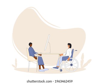 Business or job interview. Partners sitting and talking about business. Coworkers talking at business meeting ar coaching session. Vector illustration.