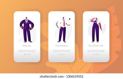 Business Job Vacant Profession Opportunity Character Mobile App Page Onboard Screen Set. Candidate for Manager Vacancy. Recruitment Job Fair for Website or Web Page. Flat Cartoon Vector Illustration
