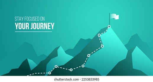 Business journey concept vector illustration of a mountain with path and a flag at the top, route to mountain peak, business journey and planning concept.