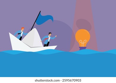 Business Journey to Innovation - Navigating Challenges to Find Bright Ideas 2d flat vector illustrations
