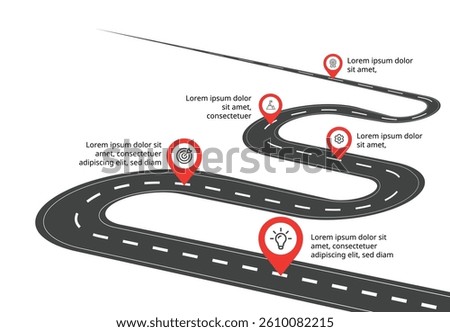 Business Journey Map with 5 Steps, Pin Markers, and Icons – Infographic Style for Professional Brochures and Web Use
