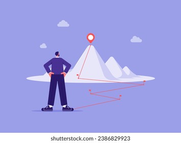Business journey path in progress to success concept, businessman looking the red lines which leading to the top of a mountain