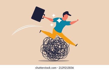 Business jump difficulty and crisis problem. Man overcome trouble and barriers breakthrough vector illustration concept. Obstacles defeat career and finance competition winning. Power people leader