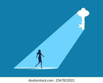 Business key. Businesswoman looking at a illuminated keyhole door