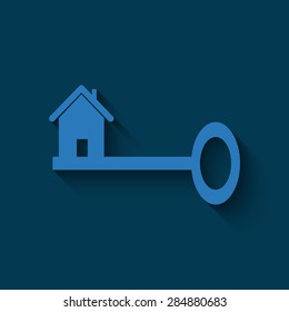 Business key with the house  with shadow on a blue background
