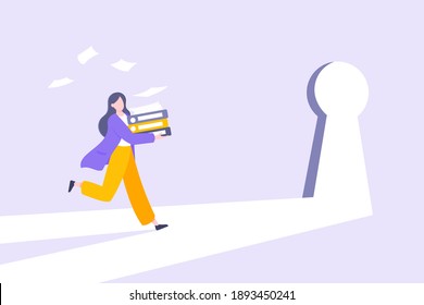 Business key opportunity concept with keyhole and ambitious woman running to career potential and work financial success flat style vector illustration. New way business beginnings and unlock future.