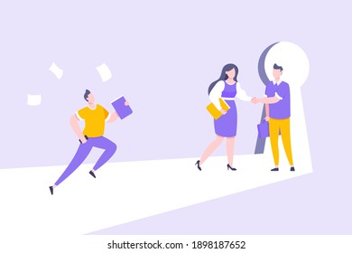 Business key opportunity concept with keyhole and ambitious man running to career potential and work financial success flat style vector illustration. New way business beginnings and unlock future.