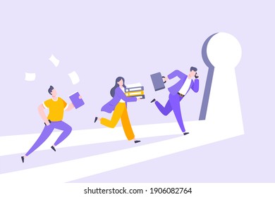 Business key opportunity concept with keyhole and ambitious people running to career potential and work financial success flat style vector illustration. New way business beginnings and unlock future.