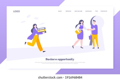 Business key opportunity concept with keyhole and ambitious woman running to career potential website landing page flat style vector illustration. New way business beginnings and unlock future.