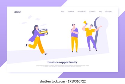 Business key opportunity concept with keyhole and ambitious woman running to career potential website landing page flat style vector illustration. New way business beginnings and unlock future.