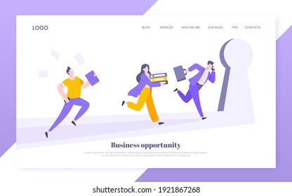 Business key opportunity concept with keyhole and ambitious people running to career potential and work financial success flat style vector illustration. New way business beginnings and unlock future.