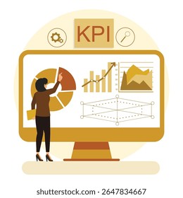 Conceito de indicadores-chave de desempenho da empresa. Uma empresária analisa dados analíticos exibidos em uma tela de computador, mostrando gráficos, gráficos e indicadores-chave de desempenho.