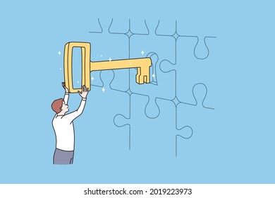 Business key, solution and success concept. Young businessman standing opening puzzle door with golden key achieving goal alone vector illustration 