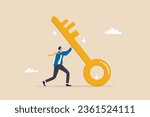Business key success, solution to unlock career opportunity, aspiration or motivation to success, challenge or leadership concept, businessman push big golden key with full effort to solve problem.