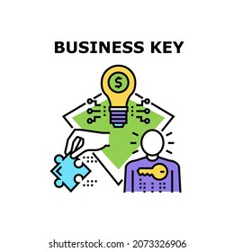 Business Key Vector Icon Concept. Business Key Of Startup For Start Company Occupation, Businessman Thinking Idea And Strategy For Earning Money. Entrepreneur Organization Color Illustration