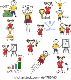 Business kids hand drawing characters. Business planning and analytics, financial grow, strategy and work vector illustrations with happy children. Boy and girl financial education.